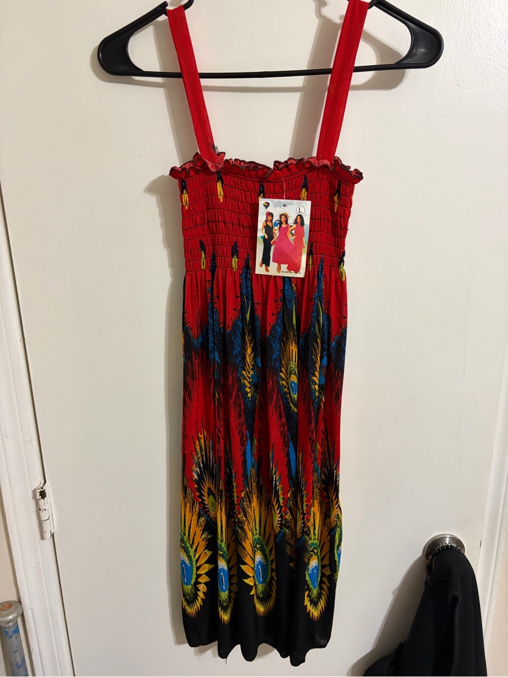 Red Smocked Maxi Dress with Bold Multi-Color Print